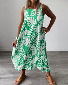Robe décontractée sans manches à imprimé feuilles