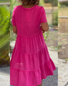 Robe en coton lin avec col en V de couleur unie
