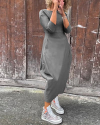 Robe élégante simple à manches longues avec poche de couleur unie