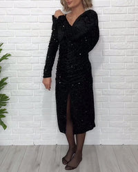 Robe Col V Paillettes Fente Soirée