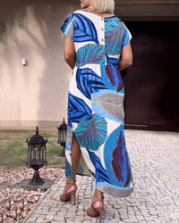 Robe fendue à manches courtes et imprimé feuilles