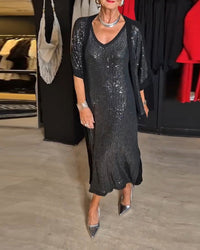 Ensemble robe fendue à paillettes de couleur unie à la mode avec col en V