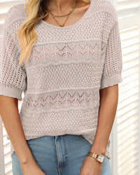 Pull À Manches Courtes En Maille Crochetée Ajourée Et Col Rond Pour Femmes