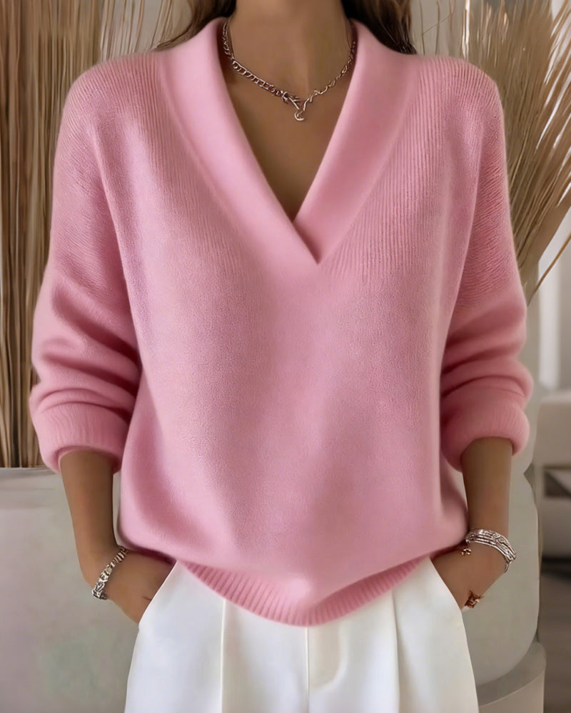 Pull décontracté couleur unie col en V