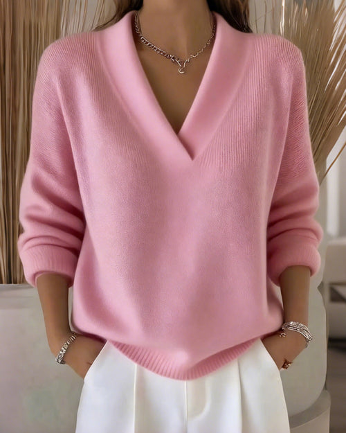 Pull décontracté couleur unie col en V