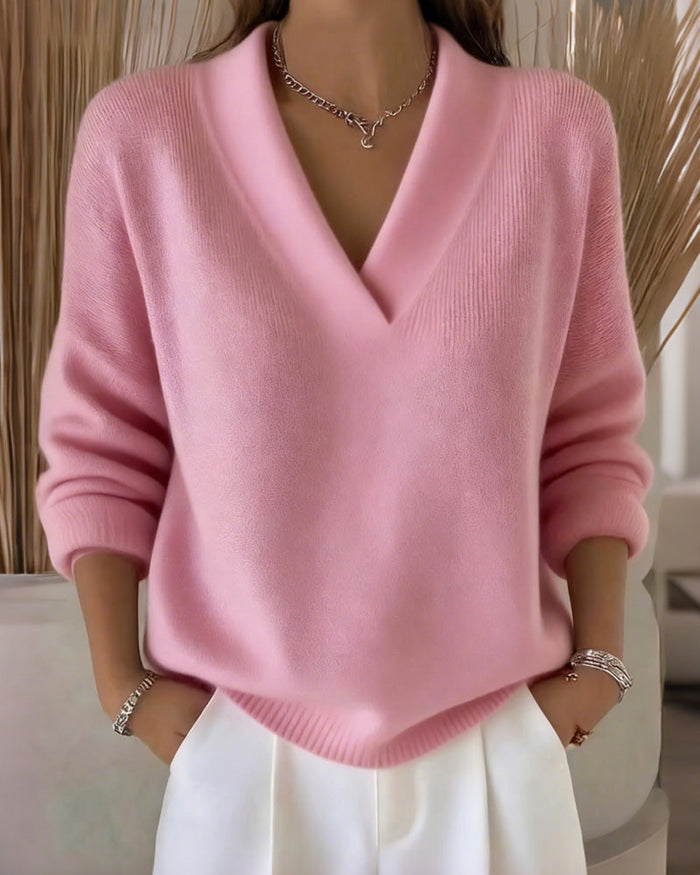 Pull décontracté couleur unie col en V