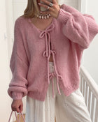 Cardigan à lacets de couleur unie de style paresseux
