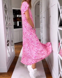 Robe longue col V en imprimé à manches courtes