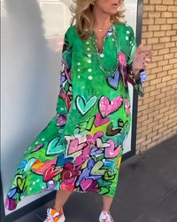 Robe à col en V à imprimé cœur avec manches longues