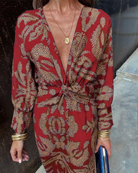 Robe élégante à manches longues et col en V imprimé vintage