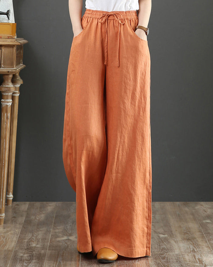 Pantalon large taille haute de couleur unie