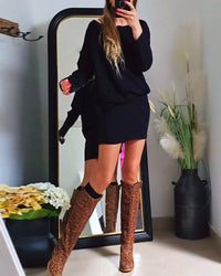 Robe tendance à manches longues et col rond de couleur unie