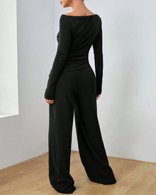 Ensemble deux pièces - haut de couleur unie et pantalon large