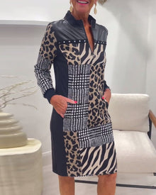 Robe élégante à imprimé léopard avec poche zippée et patchwork
