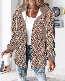 Manteau à capuche imprimé décontracté avec poche et lacets