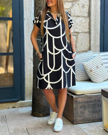 Robe midi imprimée à manches courtes et ligne de revers