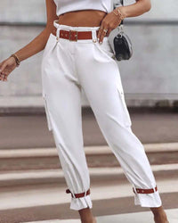 Pantalon cargo décontracté avec poche de couleur unie