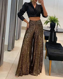 Pantalon large taille haute à sequins