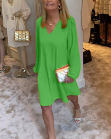 Robe col en V à manches lanternes de couleur unie