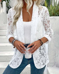 Manteau élégant à revers en dentelle florale de couleur unie