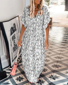 Robe tendance à col en V imprimée à manches courtes