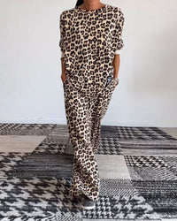 Ensemble décontracté à imprimé léopard avec haut ras du cou et poche, pantalon à jambe large