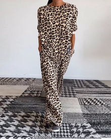 Ensemble décontracté à imprimé léopard avec haut ras du cou et poche, pantalon à jambe large