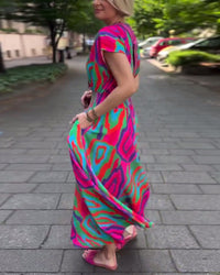 Robe longue col V imprimé coloré manches raglan