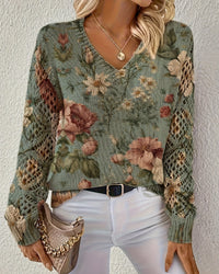 Pull Jacquard Col V Ajouré Manches Longues