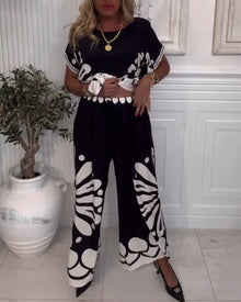 Costume Tempérament Imprimé Poche Pantalon Large