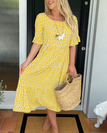 Robe midi col rond imprimé à pois