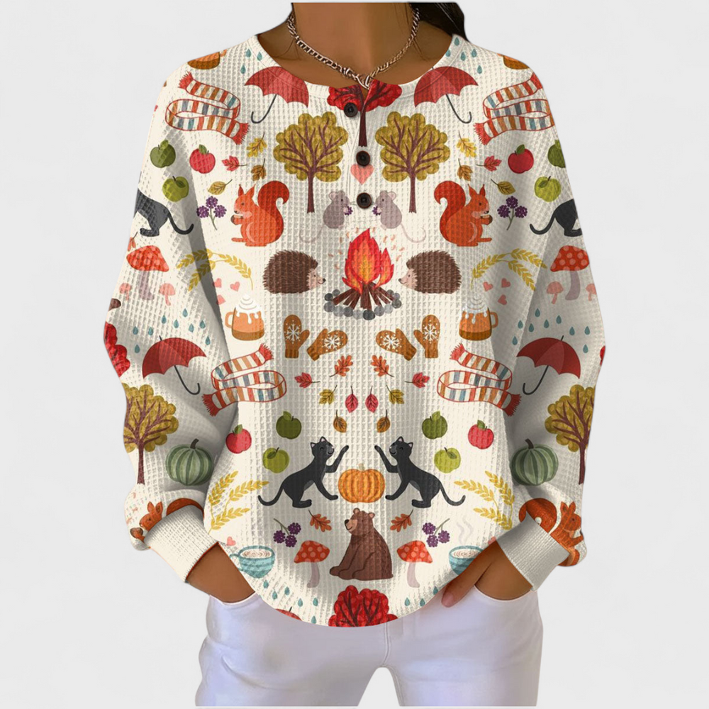 Béatrice - Pull crème à motif forêt automnale