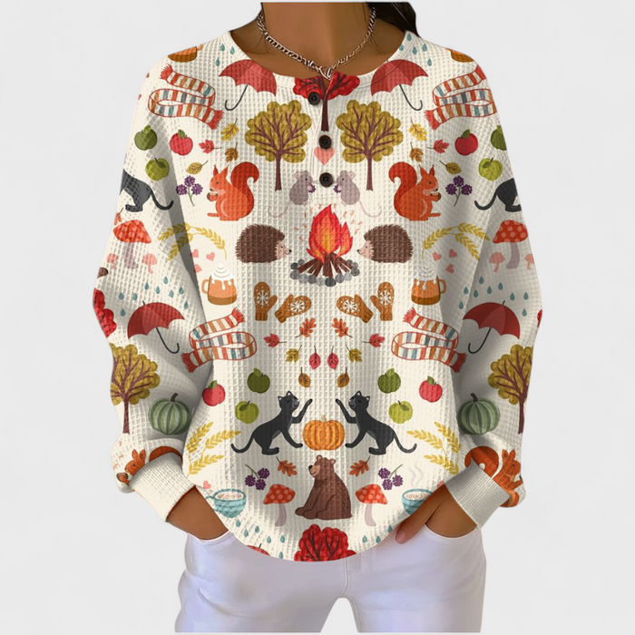 Béatrice - Pull crème à motif forêt automnale