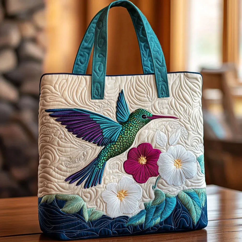 Sac Floral Matelassé Colibri et Fleur Blanche – Deux Tailles
