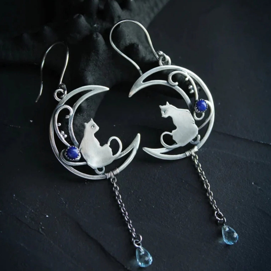 Boucles d'oreilles Boho en zircon bleu avec chat en argent