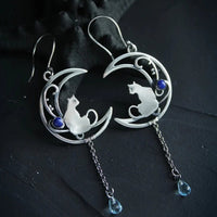 Boucles d'oreilles Boho en zircon bleu avec chat en argent