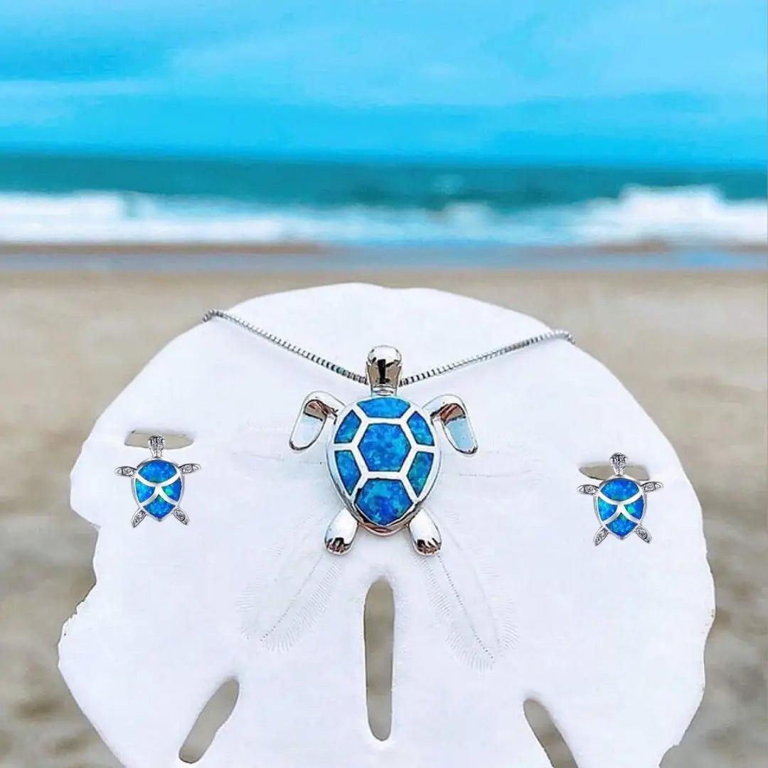 Ensemble collier et boucles d'oreilles tortue marine en opale et argent