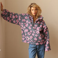 Veste en Fleece Floral Surdimensionnée avec Zip Demi
