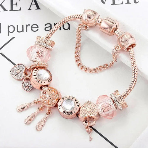 Bracelet Attrape-Rêves Rose avec pendentifs en argent