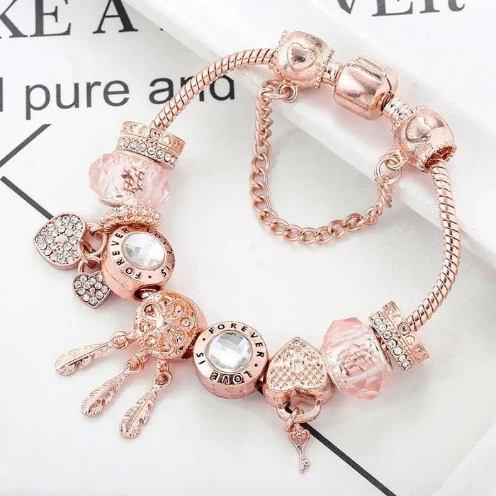 Bracelet Attrape-Rêves Rose avec pendentifs en argent