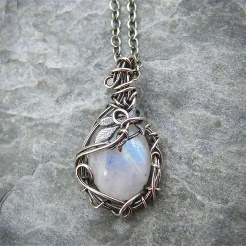 Collier avec pierre de lune - Pendentif en fil métallique