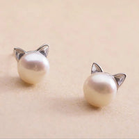 Boucles d'oreilles en Argent Sterling avec Perle et Chat
