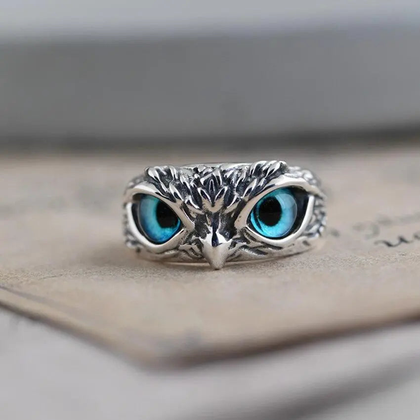 Bague ajustable Hibou porte-bonheur en argent avec opale