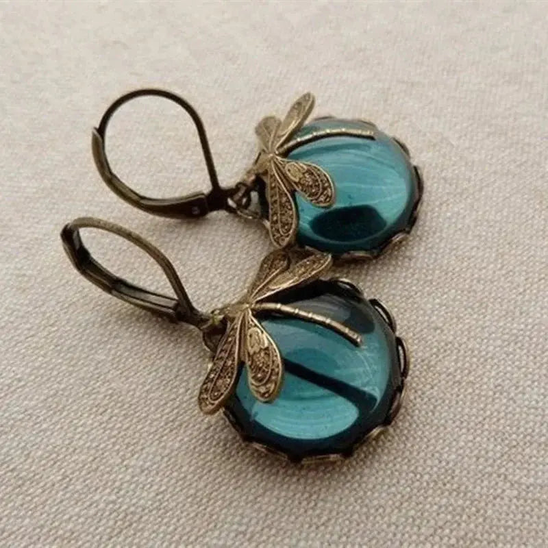 Boucles d'oreilles sphériques de libellule en or ancien