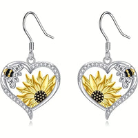 Boucles d'oreilles pendantes vintage boho avec tournesol et cœur d'abeille