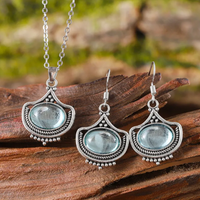 Ensemble vintage de collier et de boucles d'oreilles avec des pierres précieuses ovales bleues
