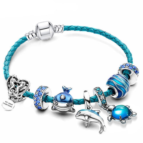 Bracelet Océan + pendentifs inclus en cuir et argent