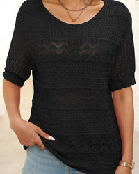 Pull À Manches Courtes En Maille Crochetée Ajourée Et Col Rond Pour Femmes