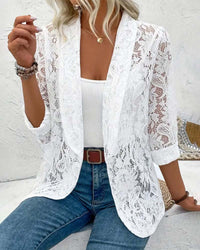 Manteau élégant à revers en dentelle florale de couleur unie