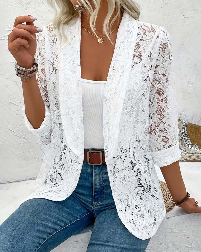 Manteau élégant à revers en dentelle florale de couleur unie